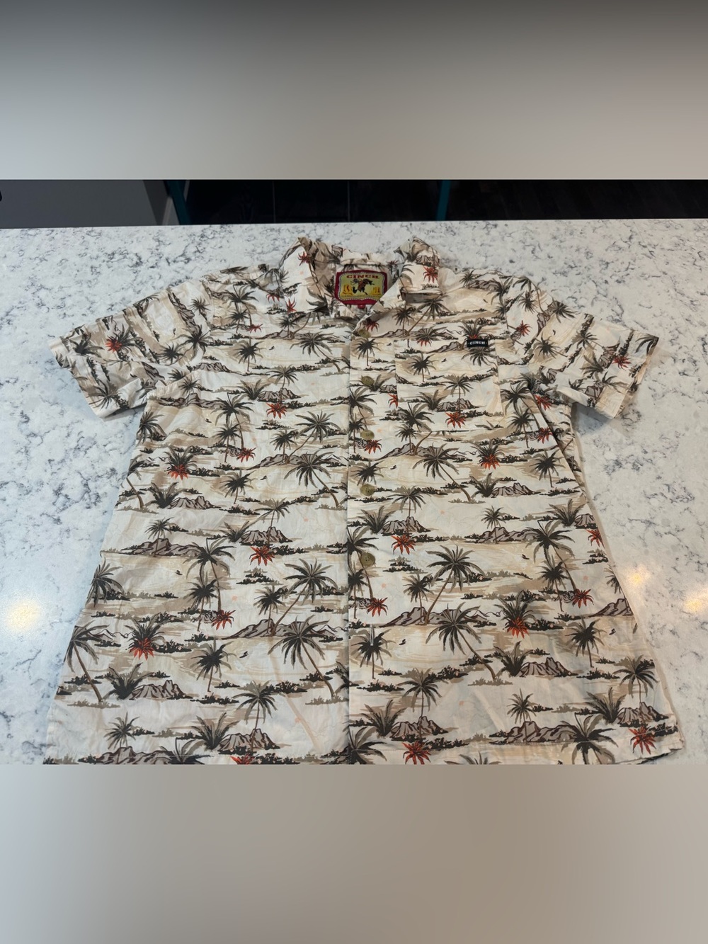 CINCH  Cream Tropical Button-Down Shirt with Brown & Orange Palm Print Mens S